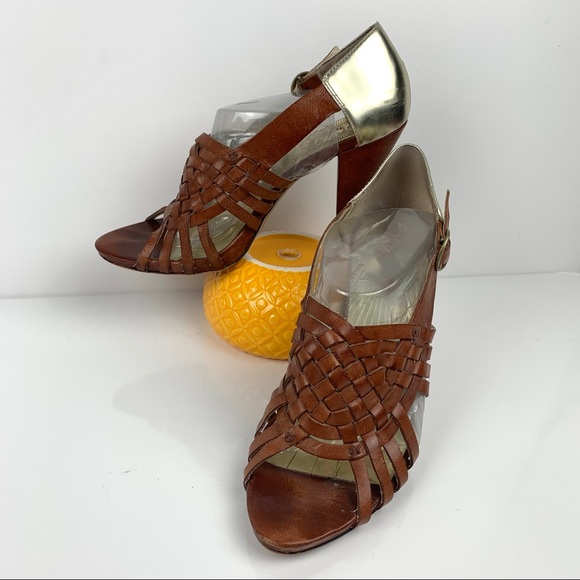 MISS SIXTY Leather Brown & Gold Sandal Cone Heels - Picture 3 of 13